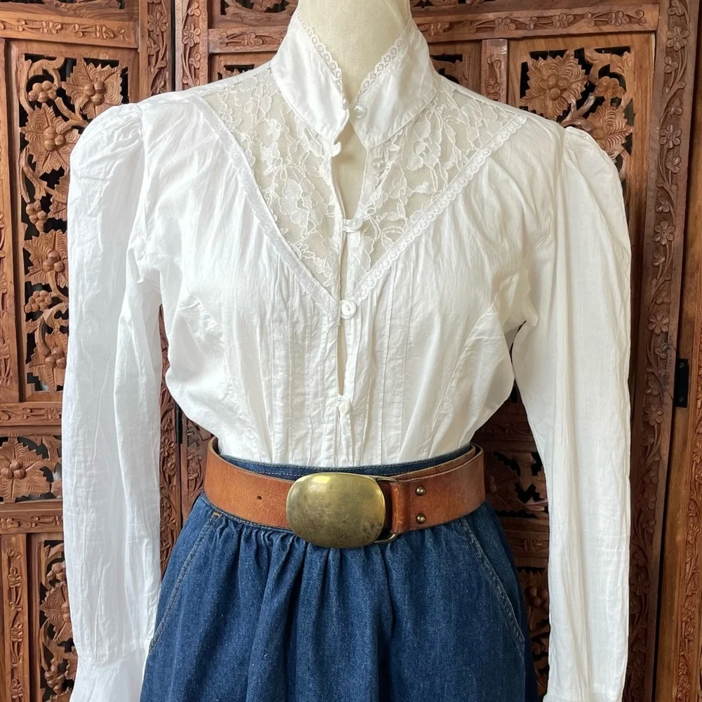 Victorian-Inspired Western White Cotton Lace High-Neck Button Down bell sleeve - Picture 2 of 13
